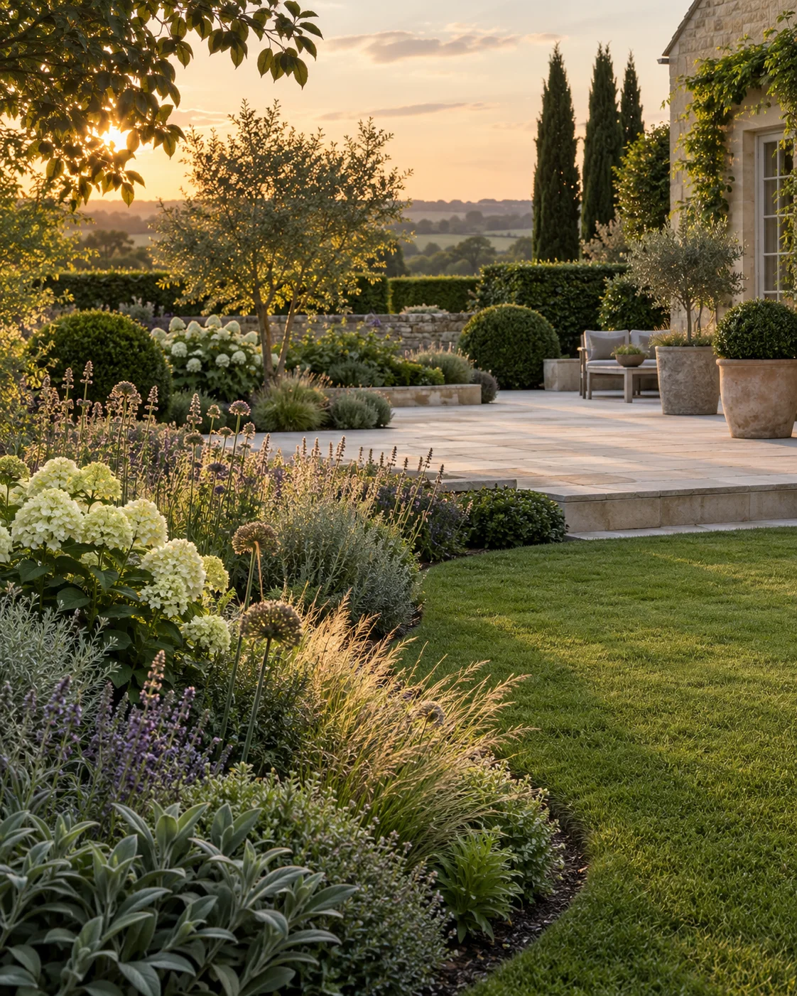Evening light over a landscaped English garden with curved lawn and stone patio