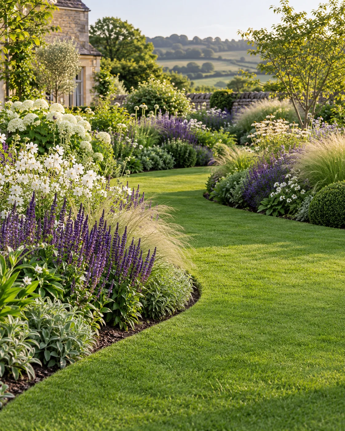 Curved lawn edged with purple salvia and ornamental grasses