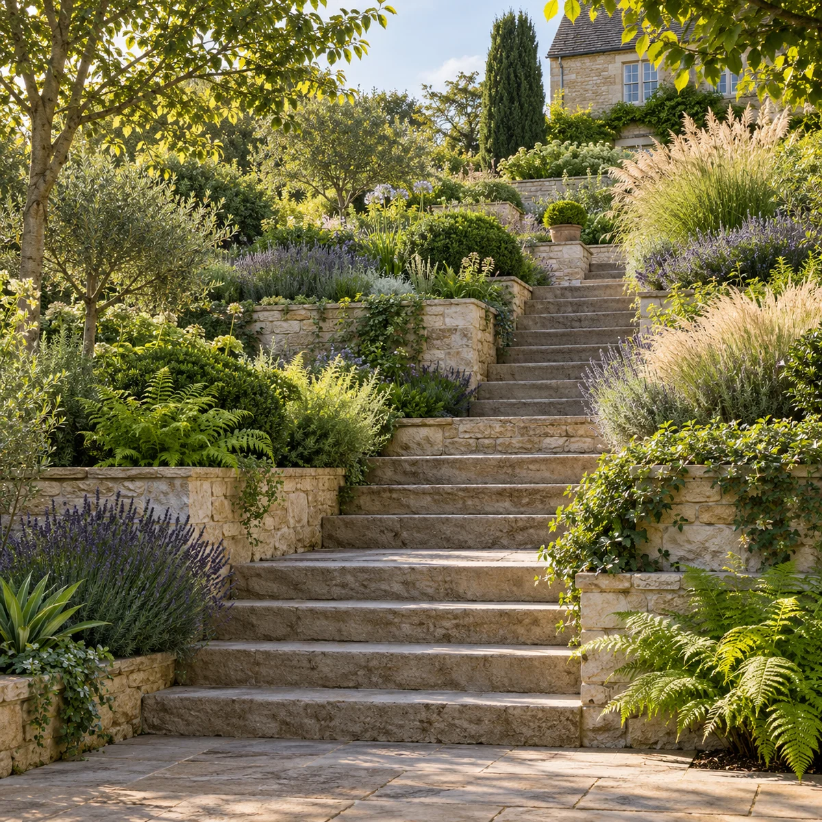 Stone steps and retaining walls in a lush terraced garden